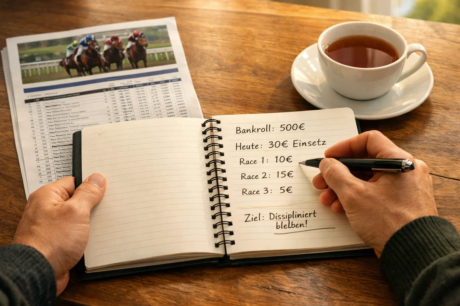 Person plant Wetteinsätze in einem Notizbuch neben einem Rennprogramm