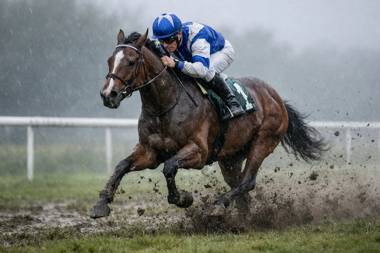 Nasse Rennbahn mit aufgeweichtem Boden und Rennpferd im Galopp bei Regen