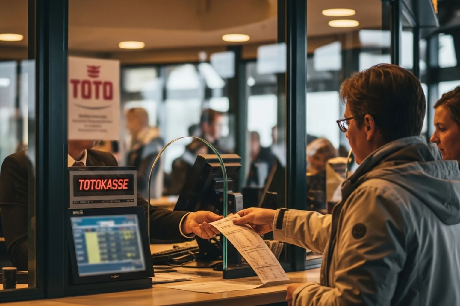 Erste Pferderennen Wette — Wettschein an der Toto-Kasse auf einer deutschen Rennbahn ausfüllen