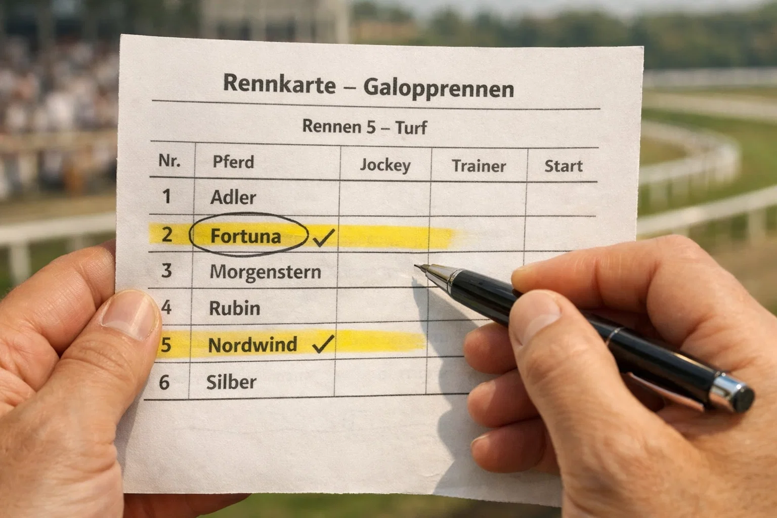 Detailaufnahme eines Rennprogramms mit Formzahlen und Starterfeld am Renntag