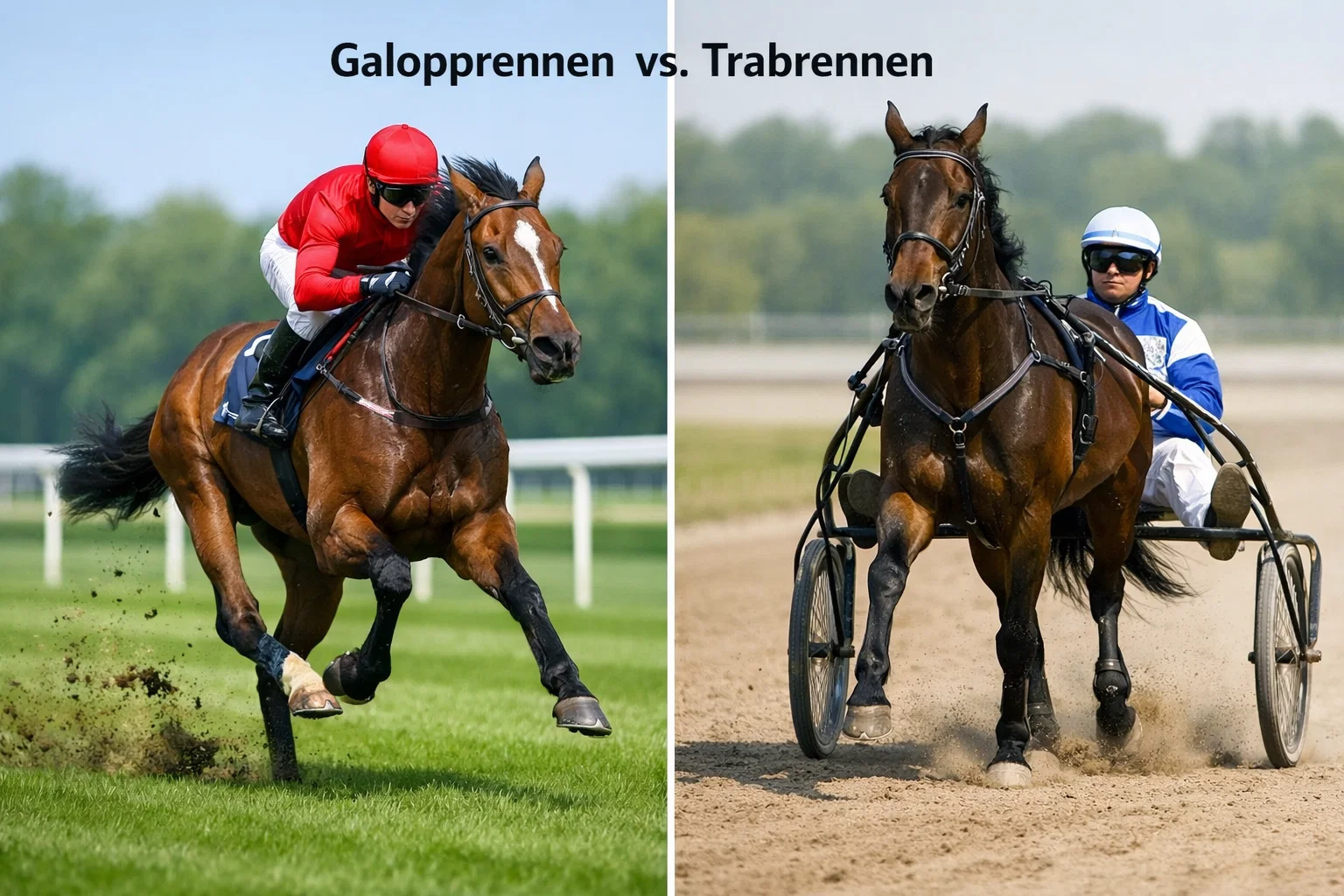 Galopprennpferd und Trabrennpferd mit Sulky nebeneinander im Vergleich