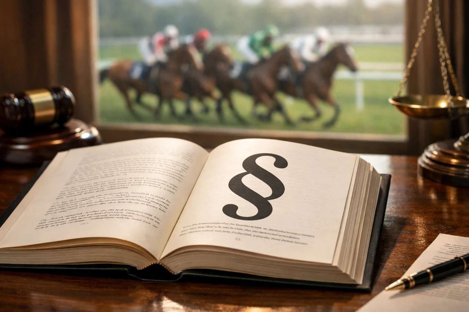Deutscher Gesetzestext mit Paragraph-Symbol und Pferderennen im Hintergrund
