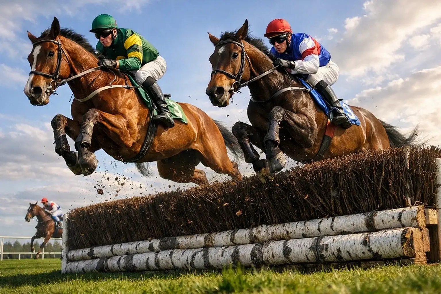 Rennpferde springen über ein Hindernis beim Steeplechase-Rennen