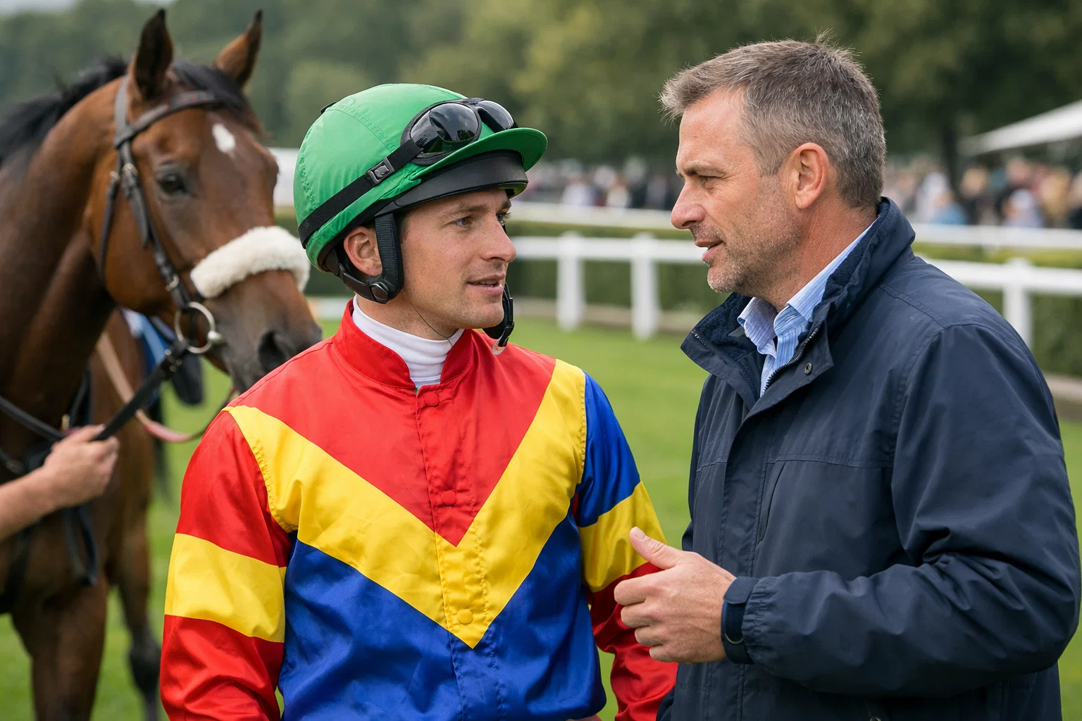 Jockey in bunten Rennfarben neben seinem Trainer vor dem Galopprennen
