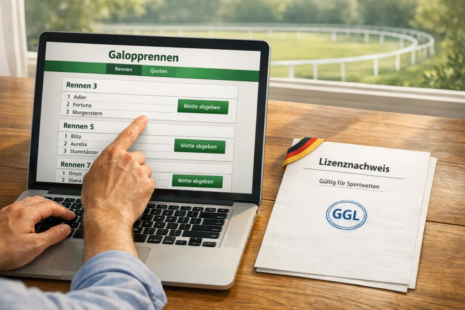 Pferdewetten-Anbieter im Vergleich – Laptop mit Wettplattform neben Rennbahn