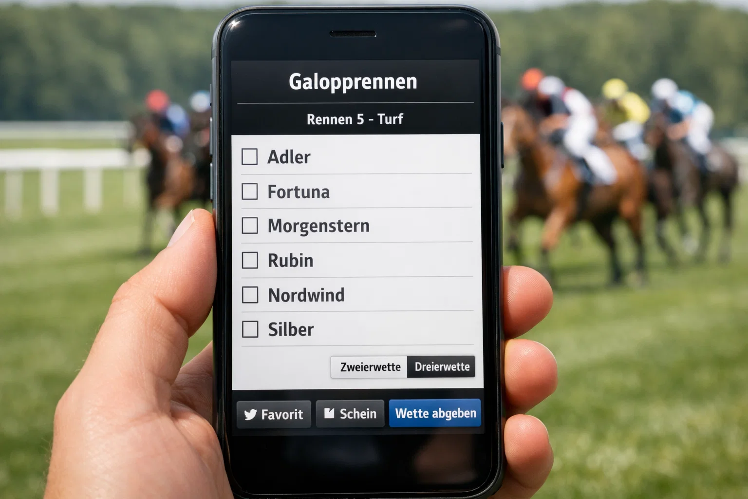 Smartphone mit Pferdewetten-App in der Hand auf der Galopprennbahn