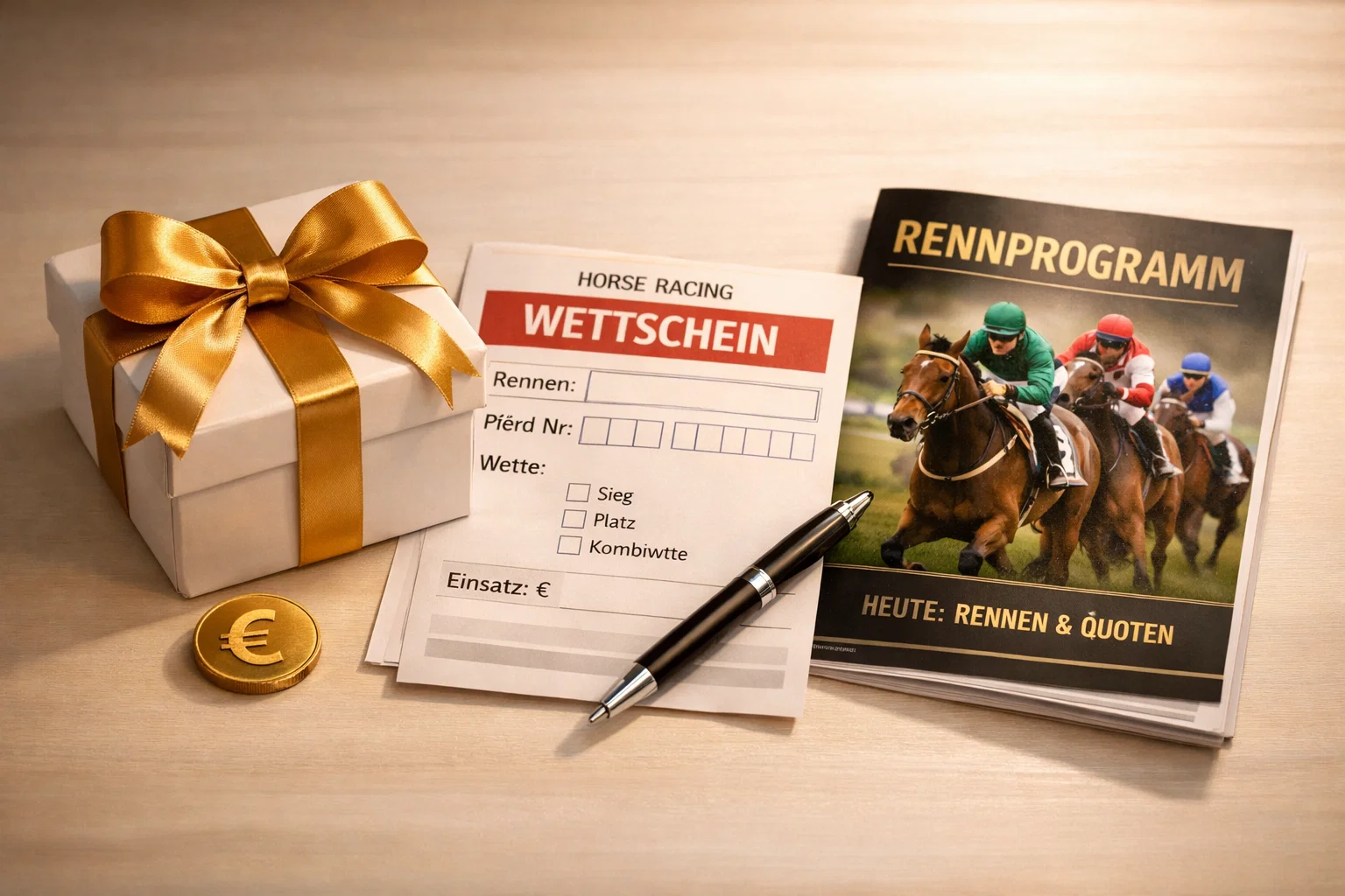 Festliche Geschenkbox und Wettschein symbolisieren Pferdewetten-Bonusangebote