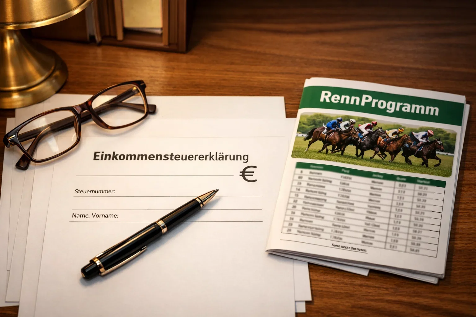 Steuererklärung und Unterlagen auf einem Schreibtisch neben Rennprogramm