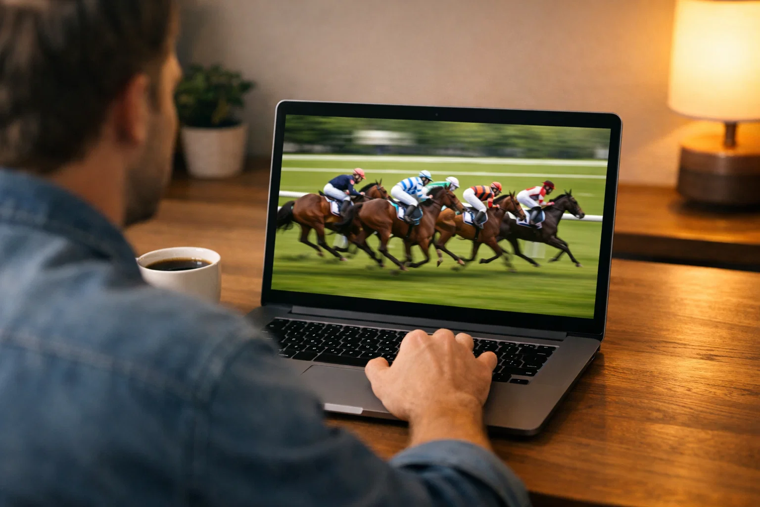 Person gibt eine Pferdewette online am Laptop ab mit Rennen auf dem Bildschirm