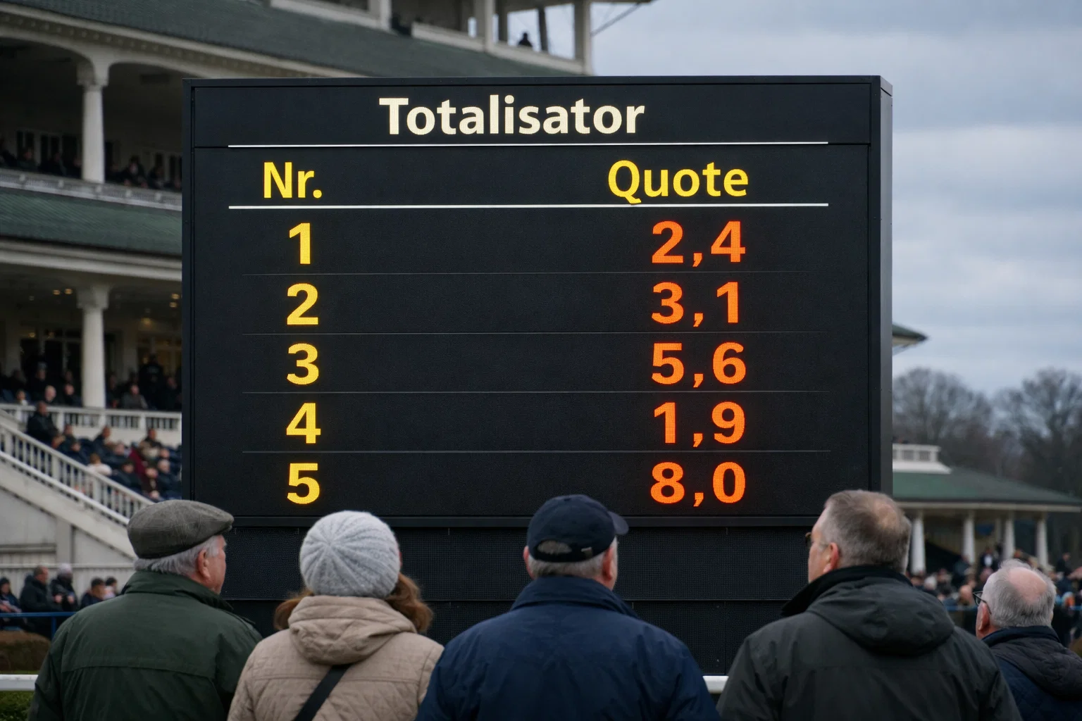 Pferdewetten Quoten verstehen — Totalisator-Anzeigetafel an einer deutschen Galopprennbahn