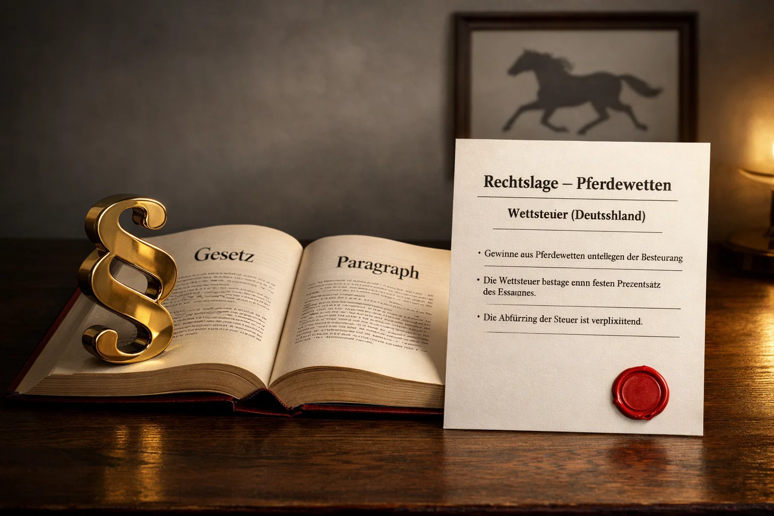 Pferdewetten Rechtslage Deutschland – Gesetzestext und Paragraphenzeichen auf einem Schreibtisch