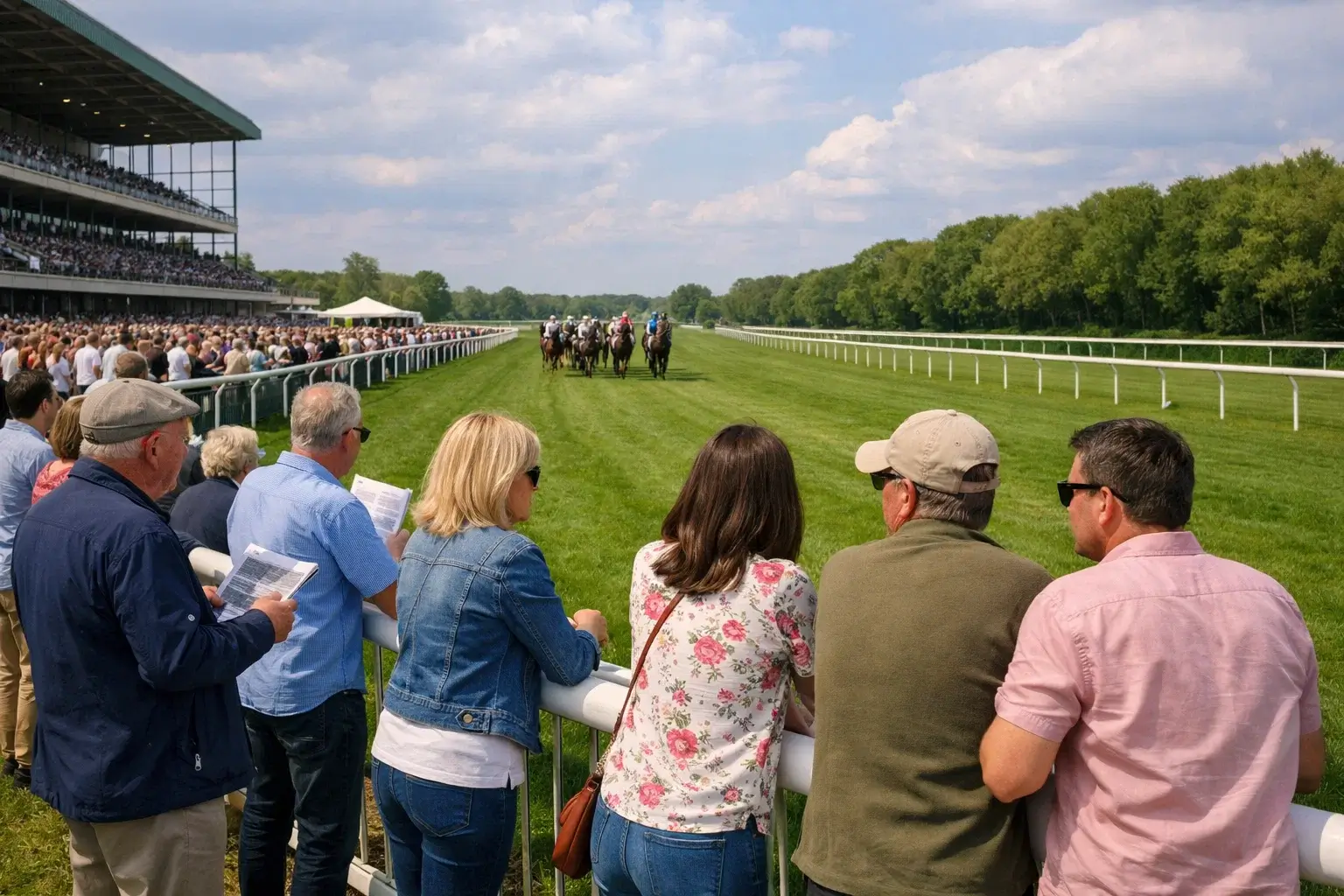 Pferdewetten Rennbahn Atmosphäre — Zuschauer am Geläuf bei einem Galopprennen in Deutschland