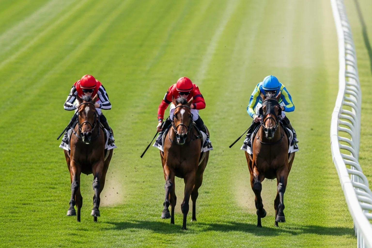Drei Galopprennen-Pferde eng beieinander auf dem Weg zum Zieleinlauf