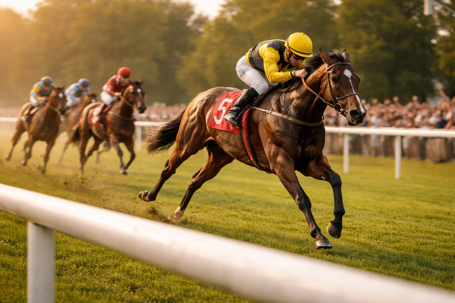 Galopprennen Zieleinlauf mit dem Siegerpferd an der Spitze auf grüner Rasenrennbahn