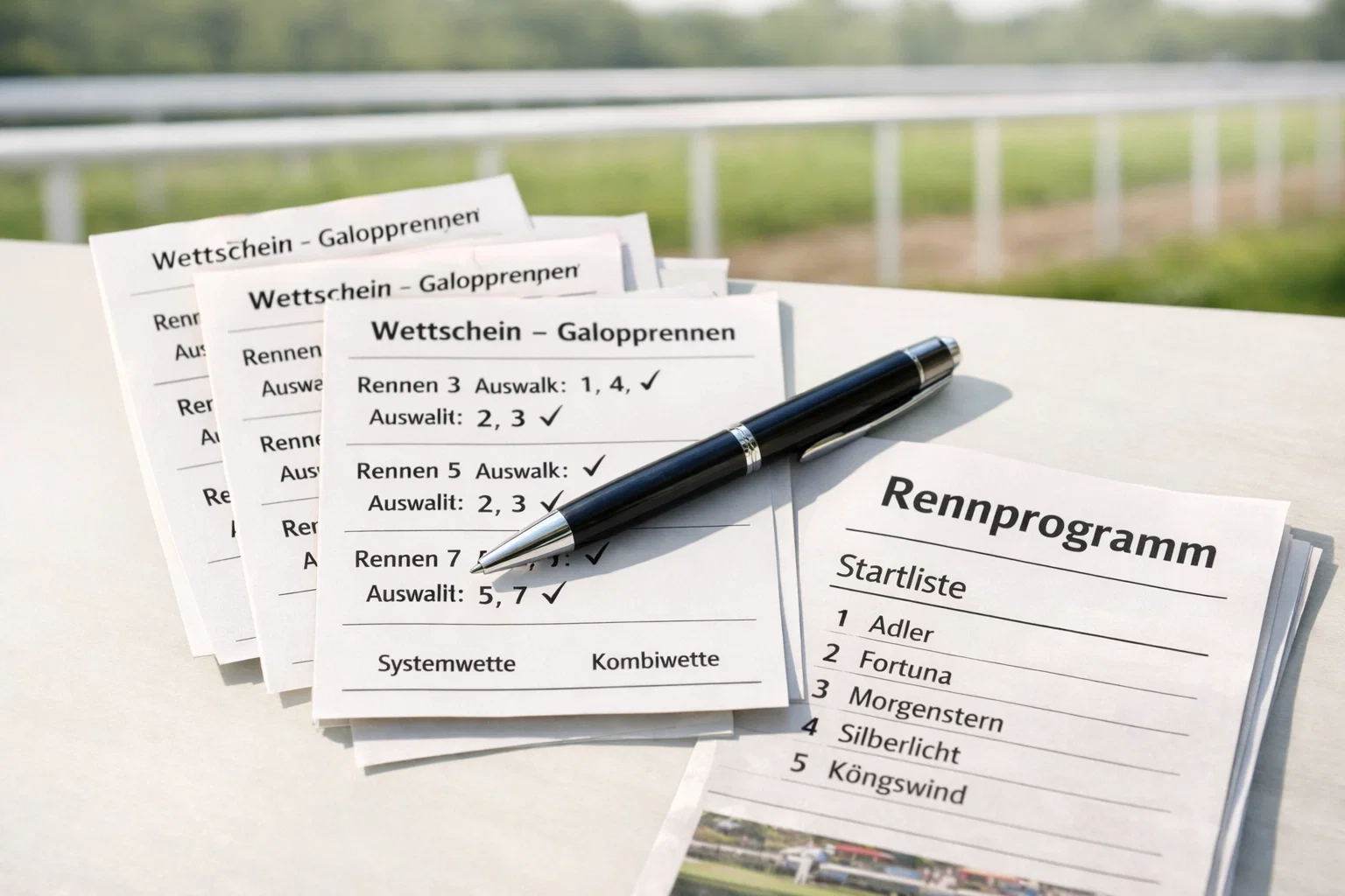 Mehrere Wettscheine und ein Rennprogramm auf einem Tisch bei der Rennbahn