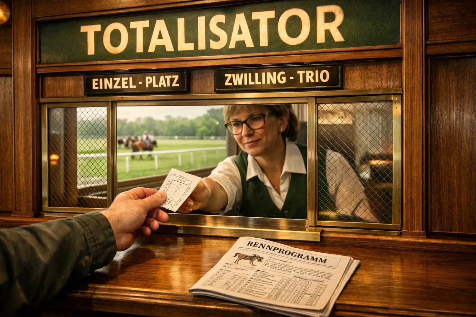 Toto-Schalter an einer deutschen Rennbahn mit Wettkasse und Rennprogramm