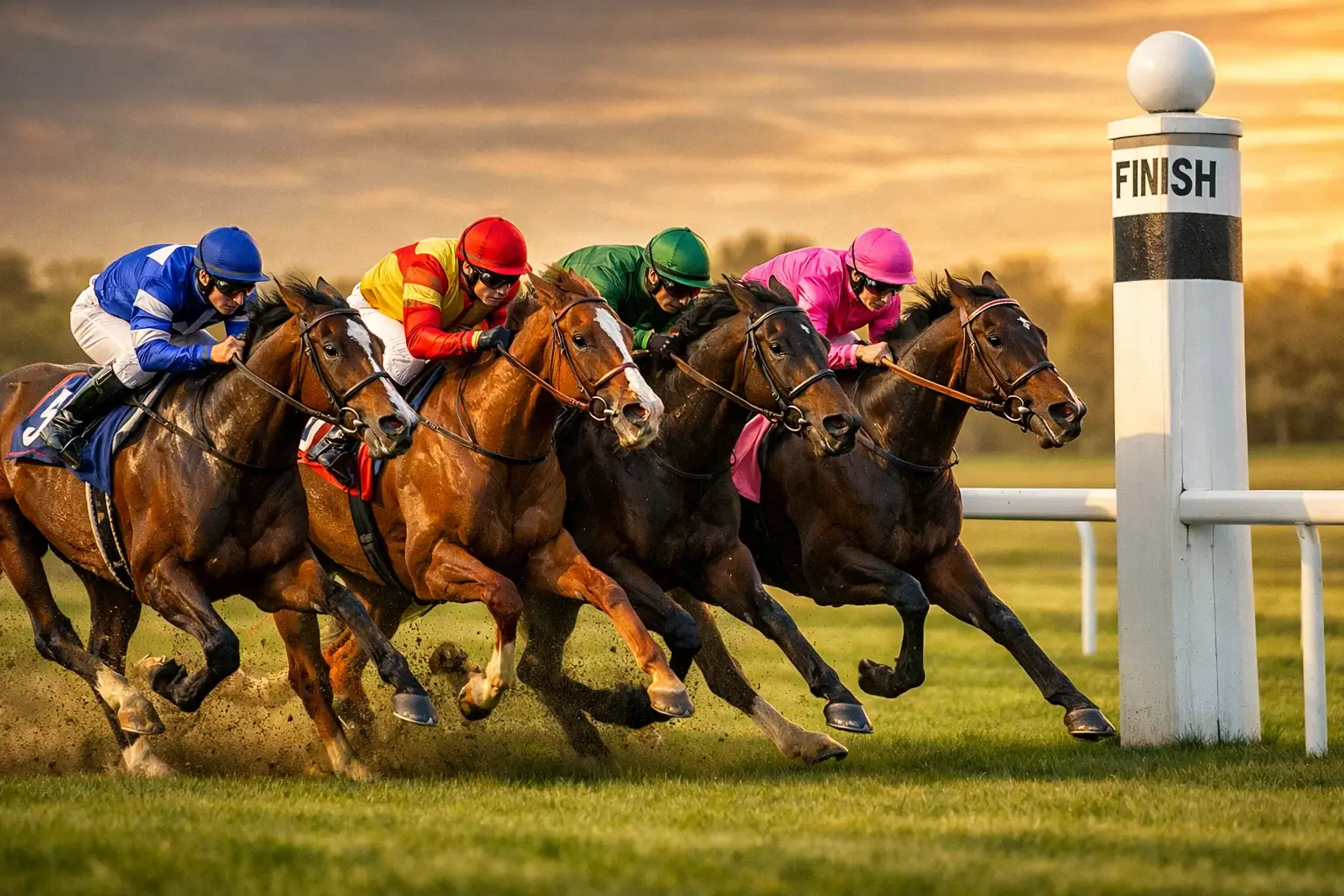 Vier Galopprennen-Pferde im Zieleinlauf dicht an dicht auf der Rennbahn