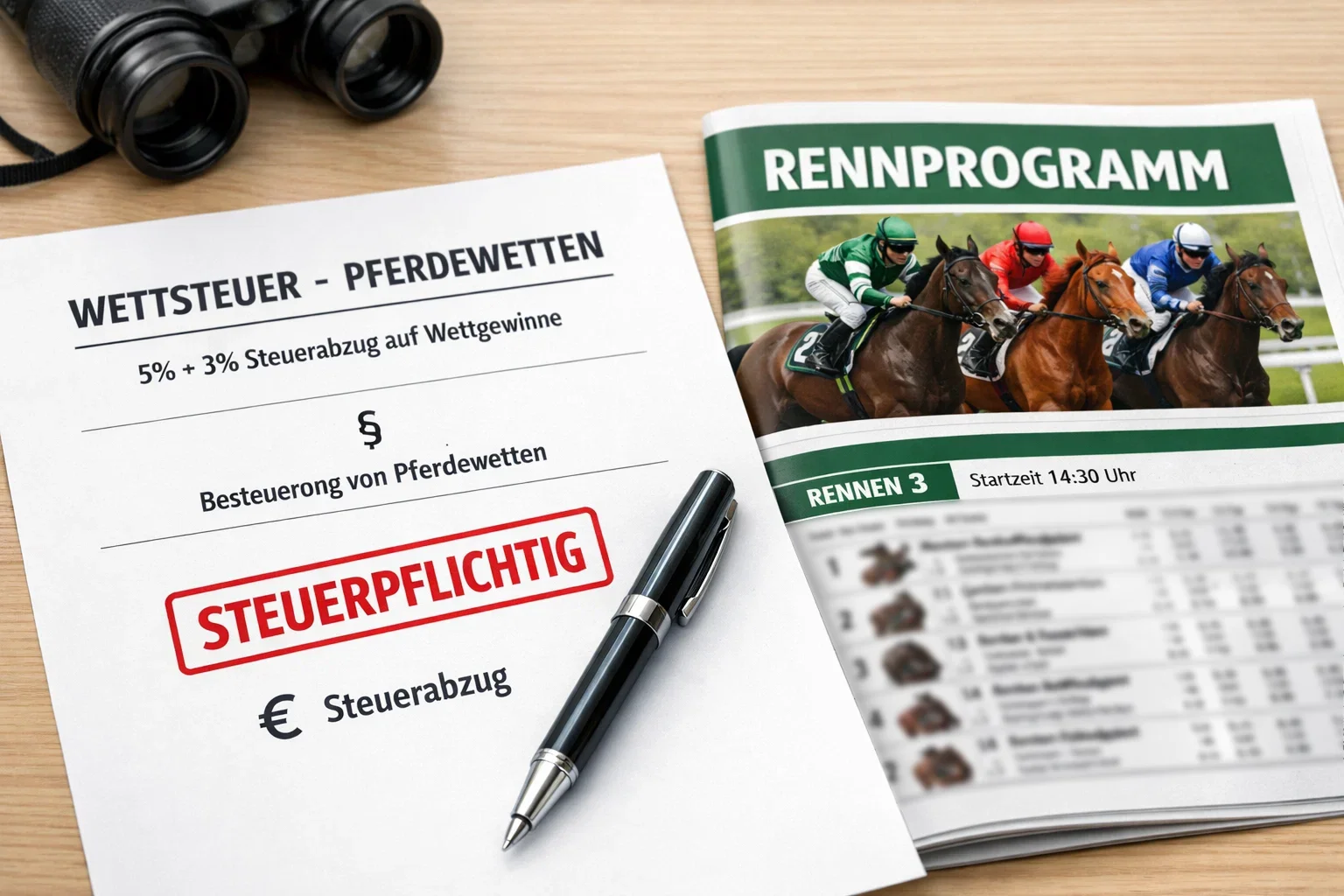 Offizielles Dokument mit Stempel neben einem Rennprogramm symbolisiert Wettsteuer