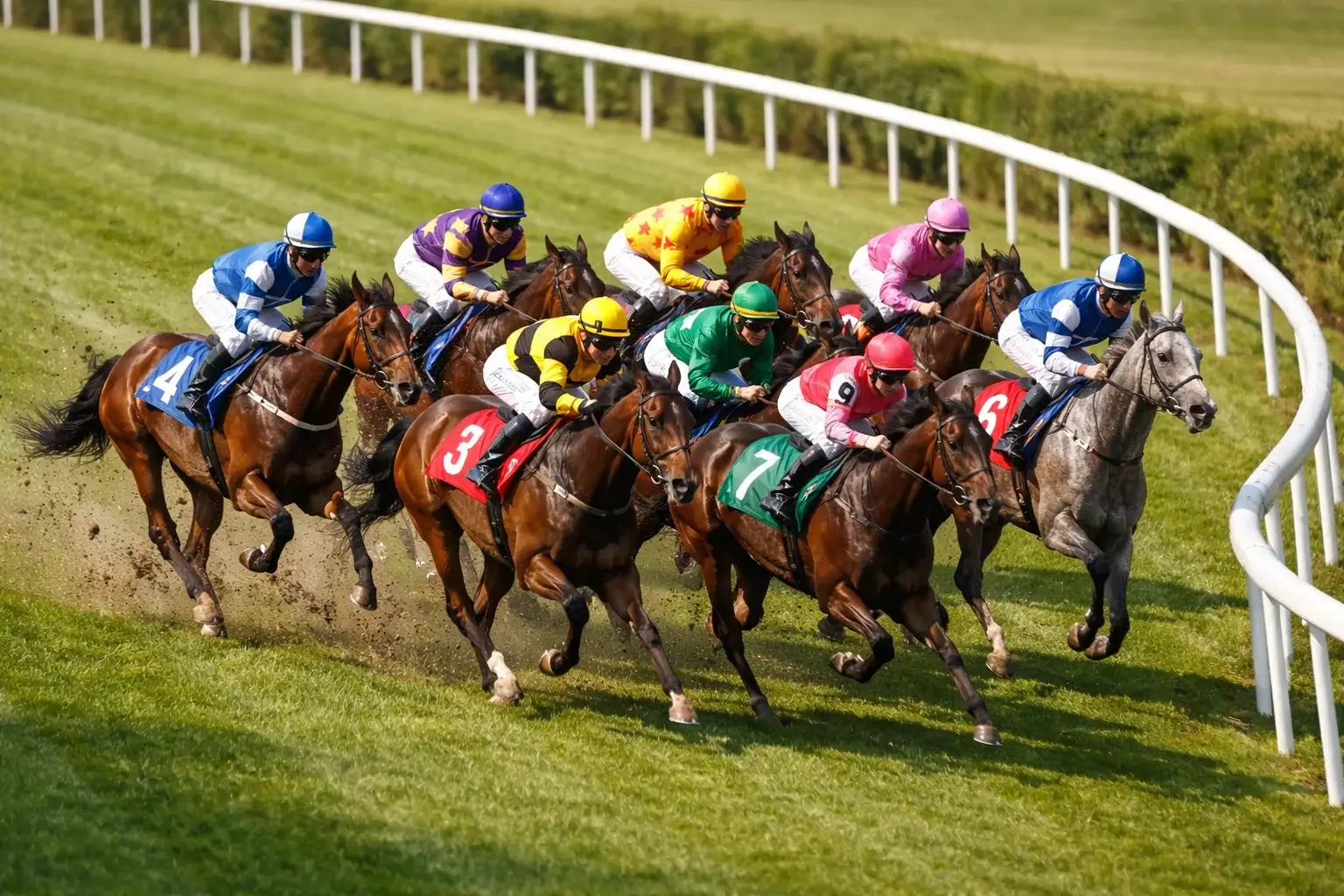 Galopprennen-Feld aus der Vogelperspektive mit nummerierten Startern auf dem Turf